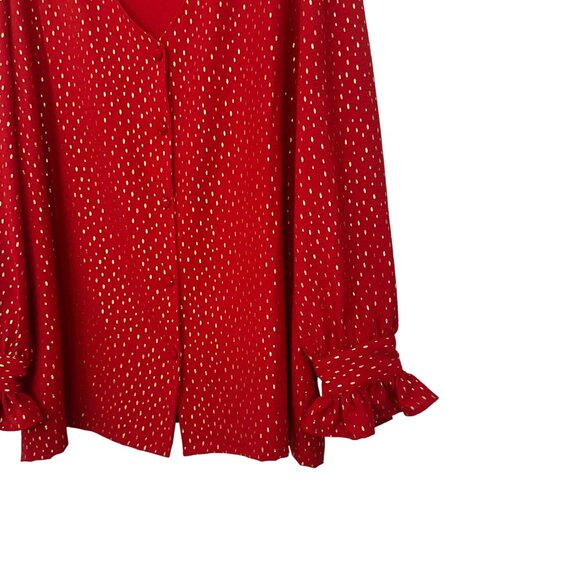 Emily Daniels Women Red Gold Polka Dot Blouse 2X Long Sleeve Ruffle Cuffs V-Neck - Picture 11 of 12